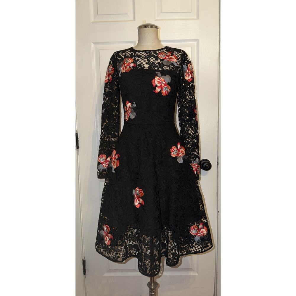 Sachin & Babi Noir Black Lace Floral Detail Midi Dress Long Sleeve Size 0‎